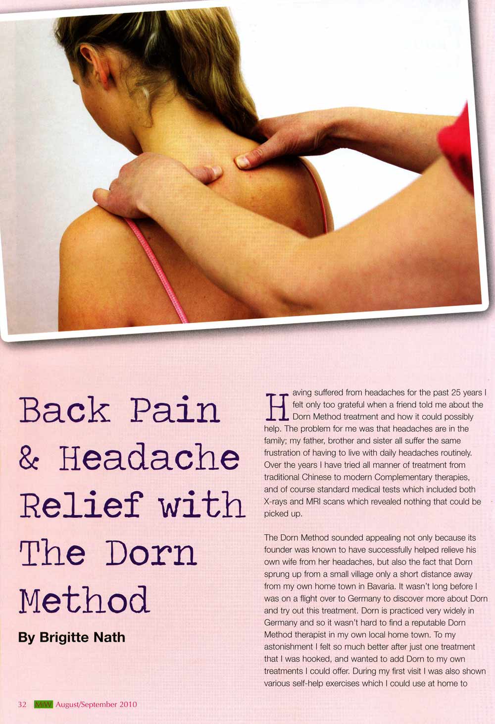"Back Pain & Headache Relief" Massage World Magazine, August 2010 issue