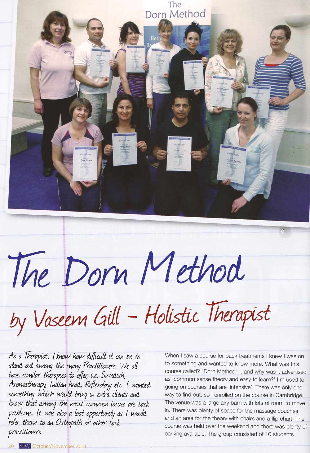 Massage World Magazine, Oct 2011 - by Vaseem Gill - a Holistic Therapist who attended my Cambridge Workshop