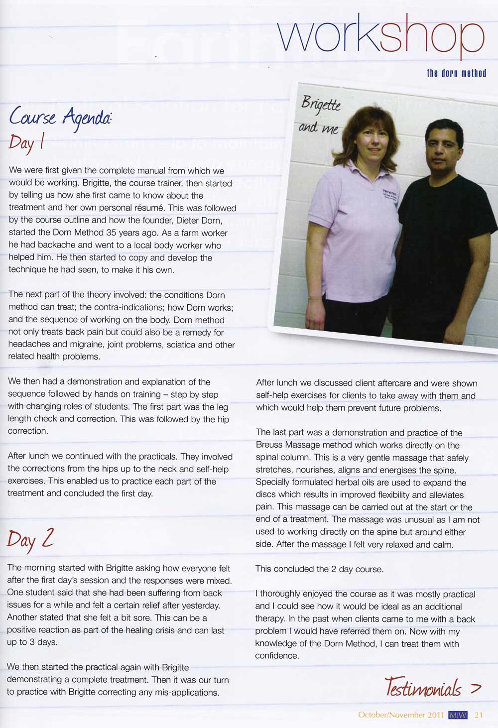 Massage World Magazine, Oct 2011 - by Vaseem Gill - a Holistic Therapist who attended my Cambridge Workshop image 2