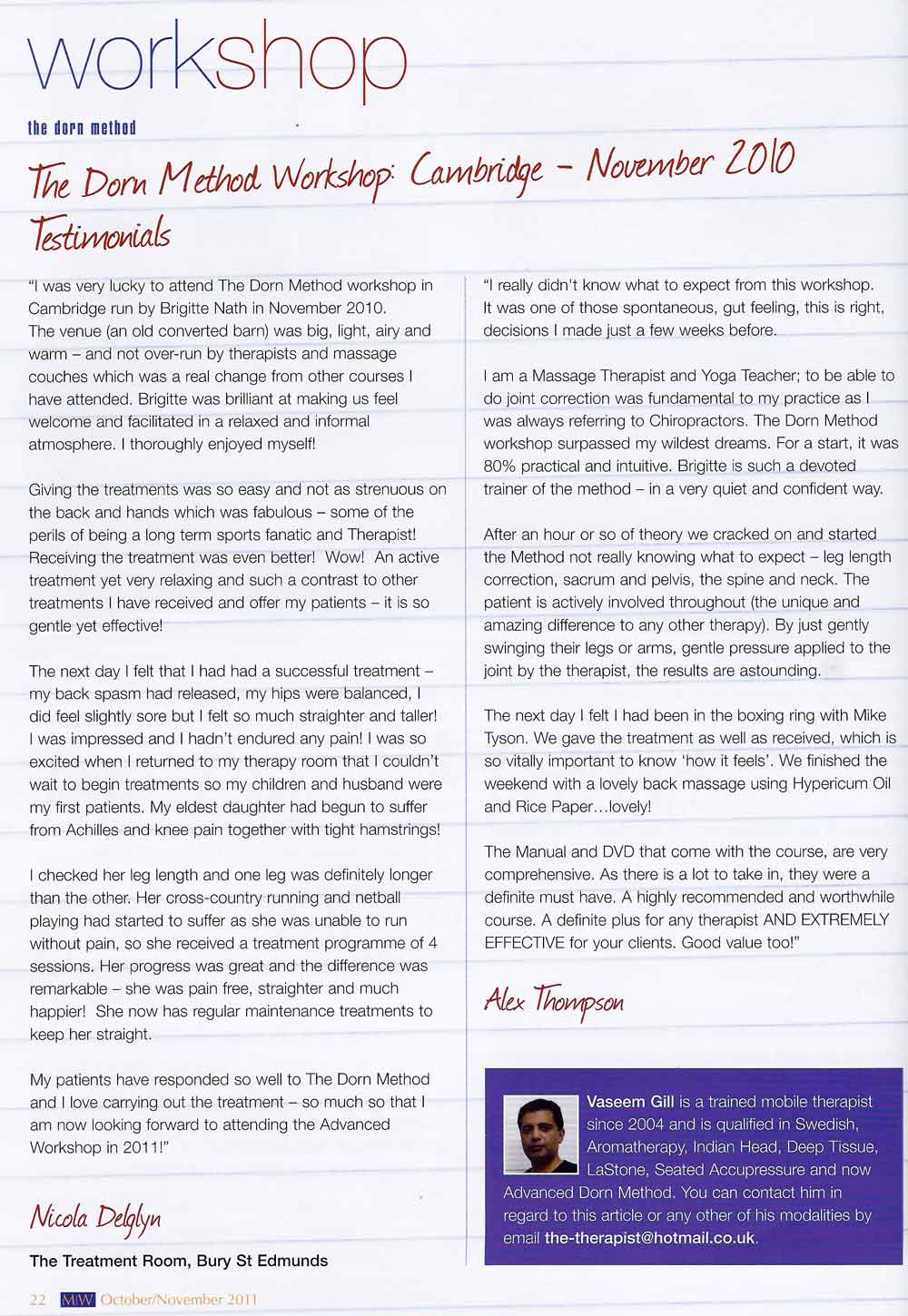 Massage World Magazine, Oct 2011 - by Vaseem Gill - a Holistic Therapist who attended my Cambridge Workshop image 3